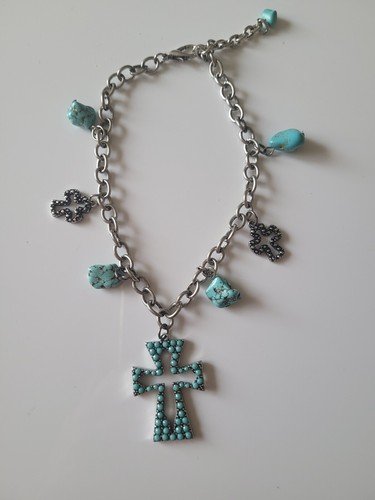Silver Finish Boot Chain Bracelet Shoe Charm Spur Turquoise Stone Chain