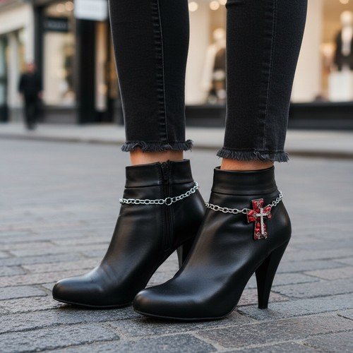 2PCS Women Silver Metal Chain Boot Bracelet Shoe Red Cross Charm HANDMADE In USA