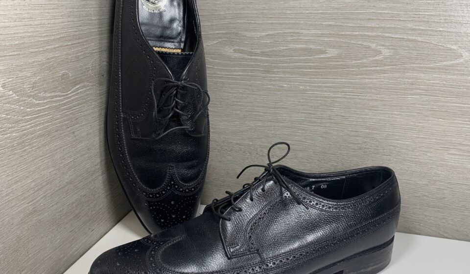 Vintage Florsheim Pebbled Classic Black Dress Shoes WingTip 75824 Kenmoor 12 D