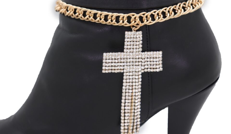 Women Gold Metal Chain Boot Bracelet Shoe Dangle Cross Charm Religious Fashion