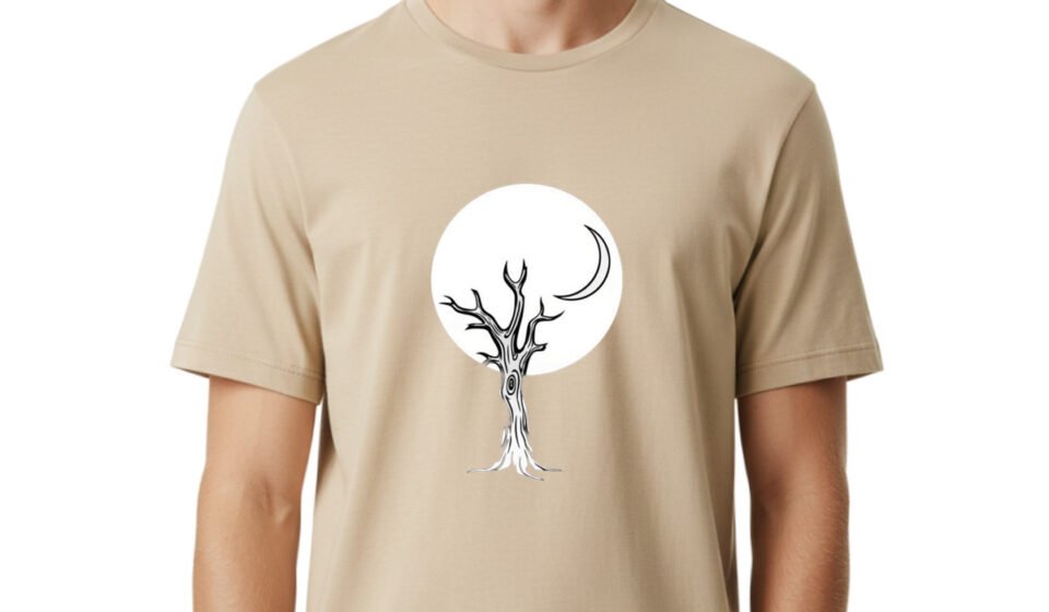 Tree-With-Crescent-Moon-1 Mens Graphic Tee, 100% Cotton, Casual Summer Wear