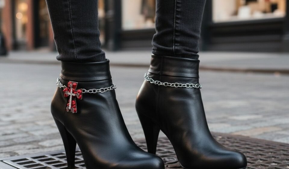 Women Silver Metal Chain Boot Bracelet Shoe Anklet Bling Red Cross Charm PAIR