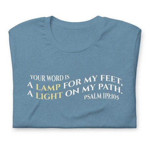 A Lamp To My Feet Psalm 119:105 T-Shirt (White/Steel Blue) | Christian Apparel