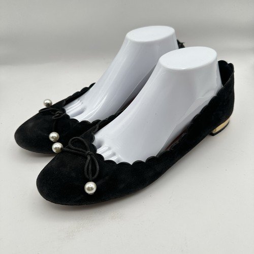 Kate Spade Scalloped Ballet Flats Black Suede 11M Pearls Made In Italy Formal