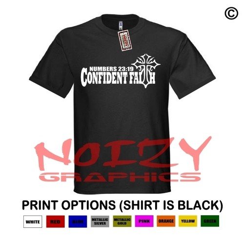 Confident Faith Christian Shirt Black T-Shirt Numbers 23:19 Cross Religious