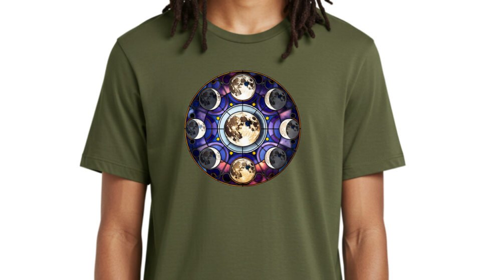 Lunar-Cycle-Stained-Glass-1 Mens Graphic Tee, 100% Cotton, Casual Summer Wear