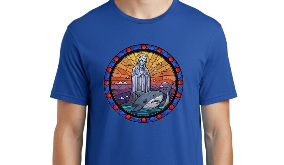 Virgin-Mary-With-Shark Mens Graphic Tee, 100% Cotton, Casual Summer Wear