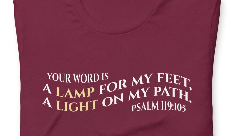 A Lamp To My Feet Psalm 119:105 T-Shirt (White/Maroon) | Christian Apparel