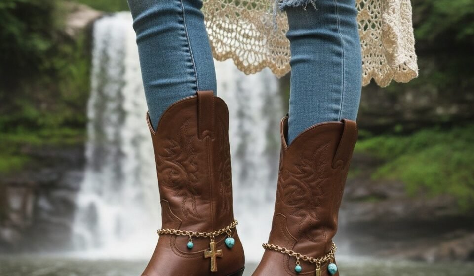 Women Gold Metal Chain Boot Bracelets Anklet Shoe Cross Charm Turquoise HANDMADE