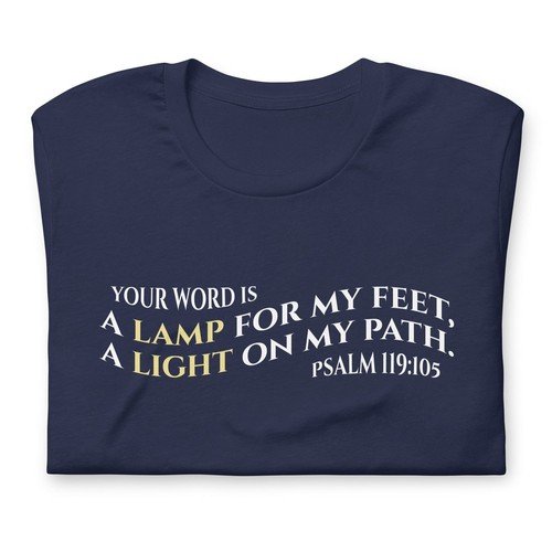 A Lamp To My Feet Psalm 119:105 T-Shirt (White/Blue) | Christian Apparel