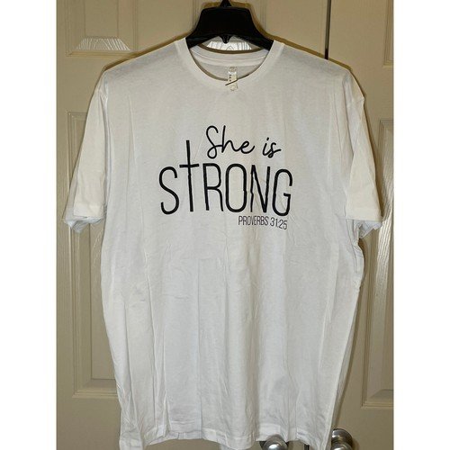 LAT Graphic Tee 2XL White NWOT She Is Strong Proverbs 31:25 Cross Scripture