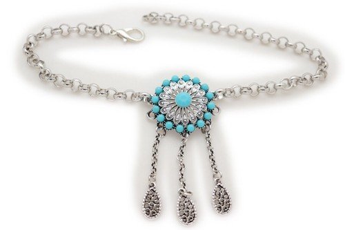 Women Silver Metal Chain Boot Western Bracelets Shoe Turquoise PAIR Flower Charm