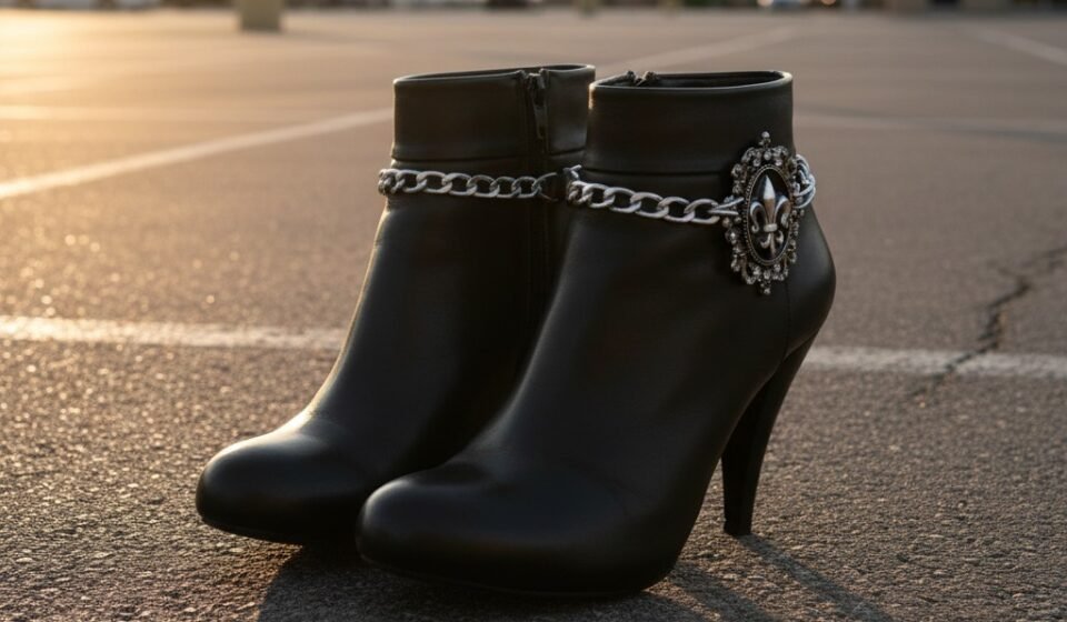 Women 2PCS Silver Metal Boot Chain Bracelet Shoe Anklet Bling Fleur De Lis Charm