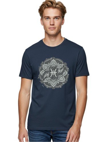 Pisces-Symbol-Mandala Mens Graphic Tee, 100% Cotton, Casual Summer Wear