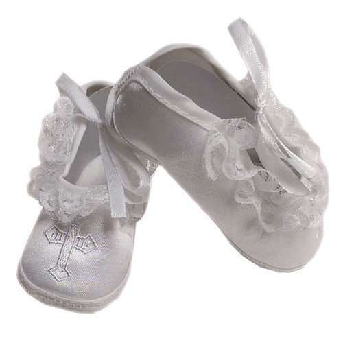 Elegant Kids Baby Girl Satin Christening White Lace Cross Baptism Shoes, 0-6 Mo