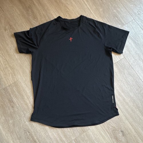 THREE NAILS Men’s Black Crew Neck Active T-Shirt Gym Polyester Stretch Logo- M