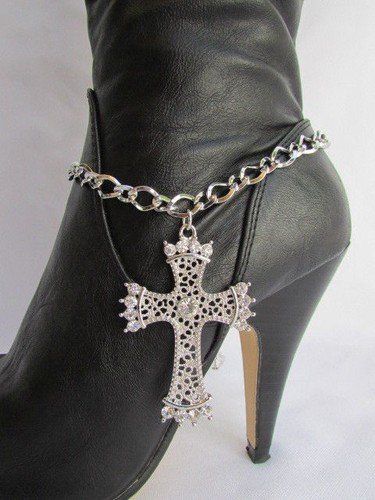 Women Cross Silver Boot Anklet Chain Strap Big Rhinestone Western Shoe Charm #8