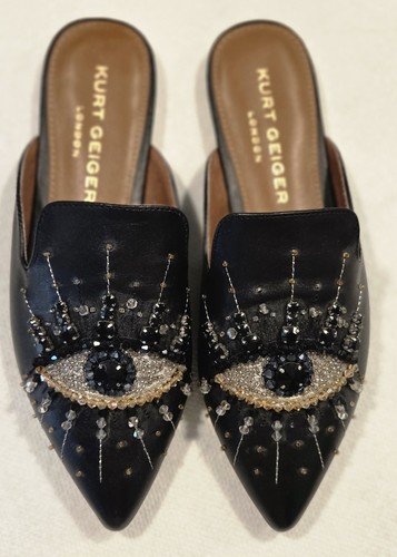 Kurt Geiger London Leather Beaded Olive Evil Eye Pointed Toe Mules Flats Size 35