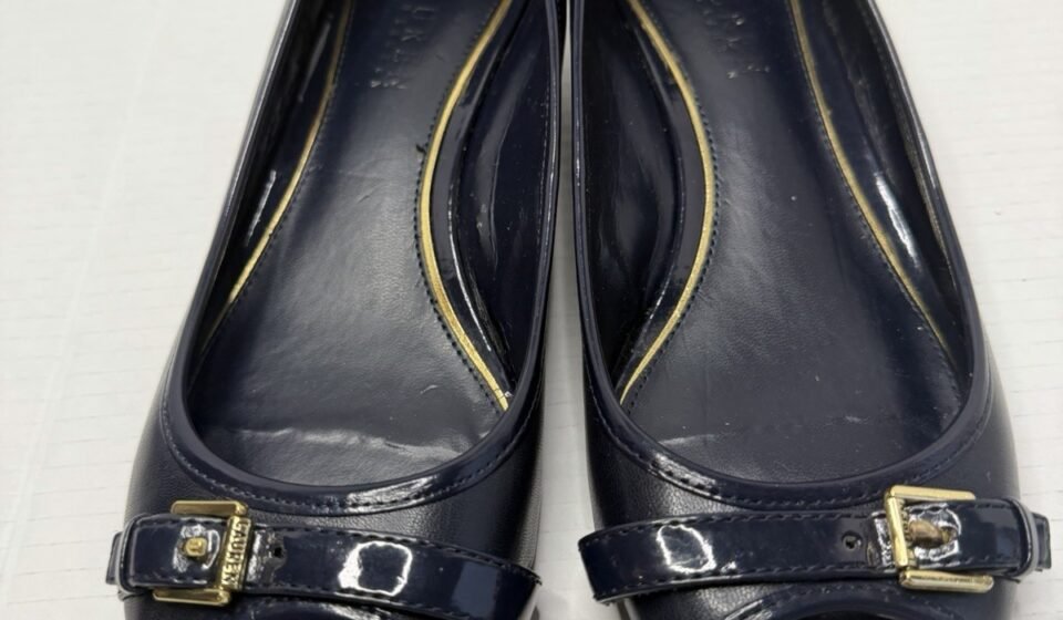 Ralph Lauren Madison Wedge Buckle Blue Leather Peep Toe Pump Shoes Women’s 7.5B