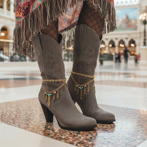 Women Vintage Gold Boot PAIR Chain Bracelet Shoe Charm Ethnic Feather HANDMADE