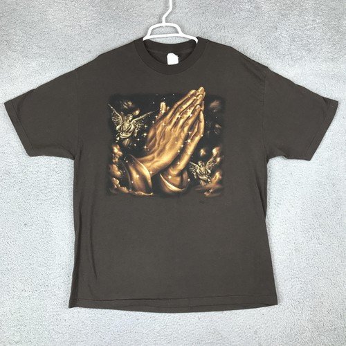 Alstyle Shirt Mens XL Brown Prayer Hands Angels Christian Religious Graphic Tee
