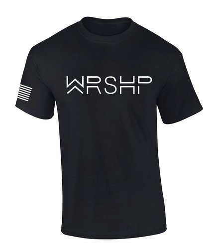 Mens Christian Shirt WRSHP Worship Abbreviation Scripture American Flag Sleeve