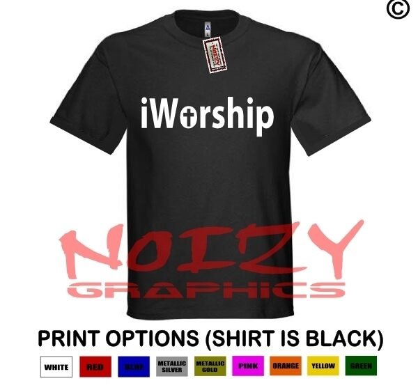 iWorship Christian Shirt Black Religious Jesus Cross Fish Faith Blessed Believer