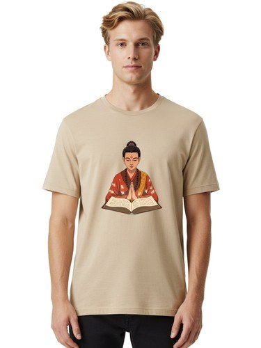 Buddhist-Monk-Praying Mens Graphic Tee, 100% Cotton, Casual Summer Wear