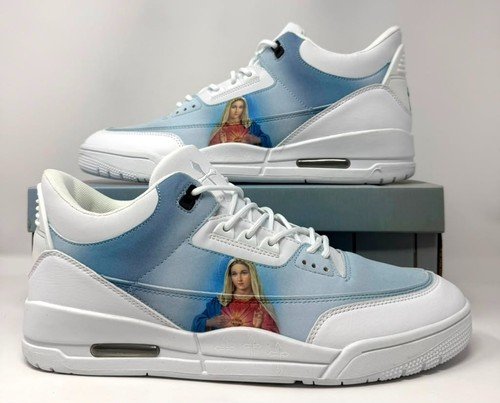 Custom Virgin Mary Cross White Blue Low Top Sneakers Men’s Size 11 Christian