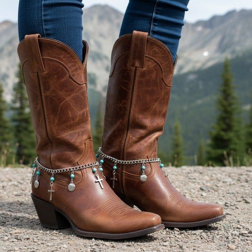 Women Silver Metal Boot Chain Bracelet Anklet Shoe Cross Charm Turquoise PAIR